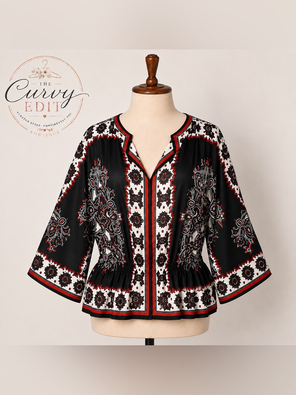 Chico’s Travelers Size 3 Boho Print Kimono Sleeve Top | Black Red White Chic